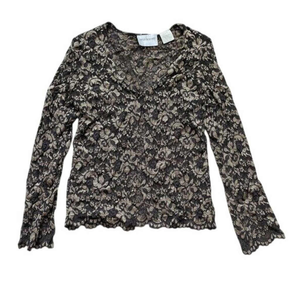 Hugo Buscati Sheer Lace Cardigan Women's Top Medium Black Long Sleeve V-Neck